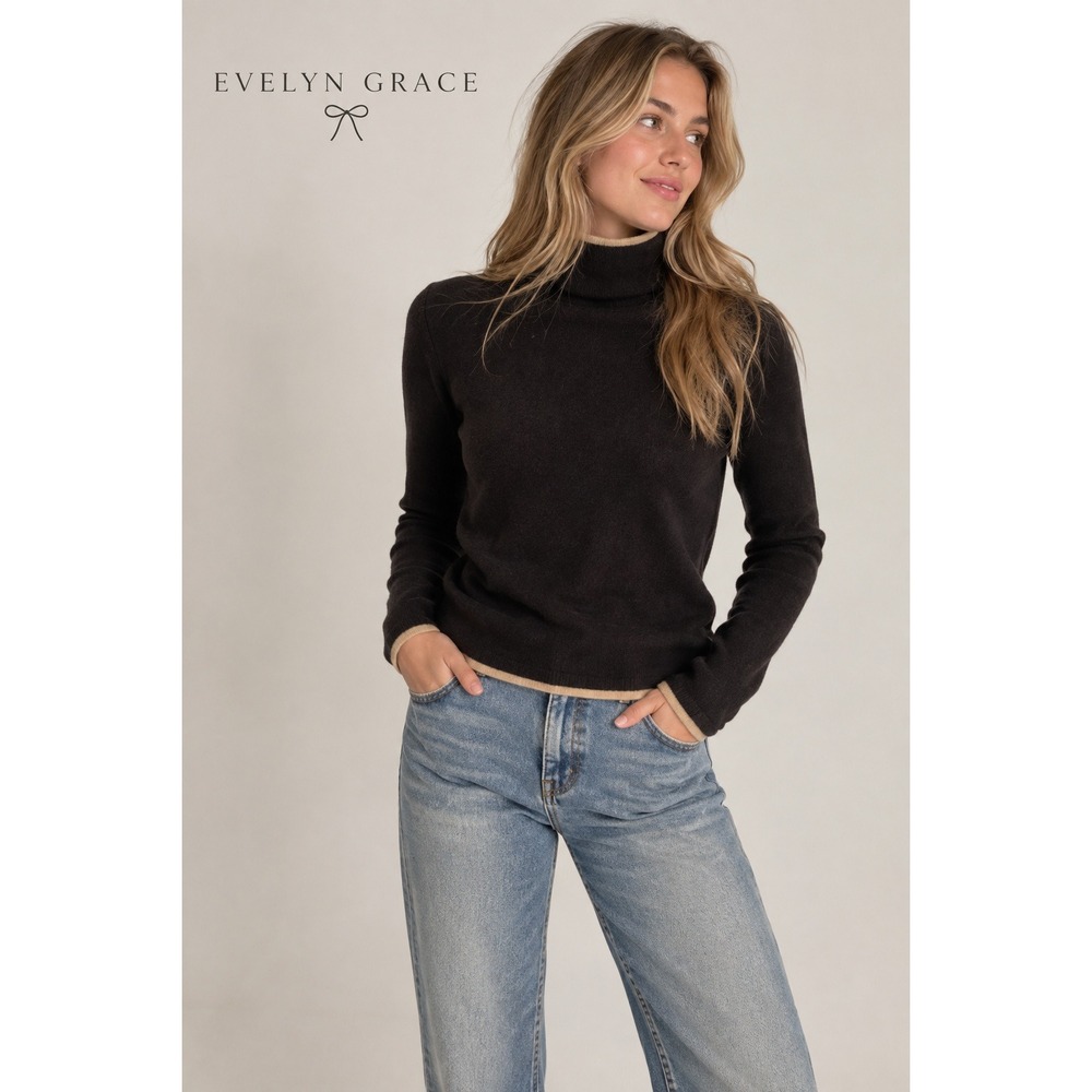 Evelyn Grace Cashmere Turtleneck Sweater Brown Tan Trim Size Medium